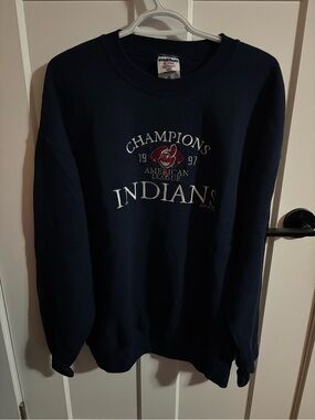 Jerzees Navy Crewneck Sweatshirt with White & Red Team Graphic